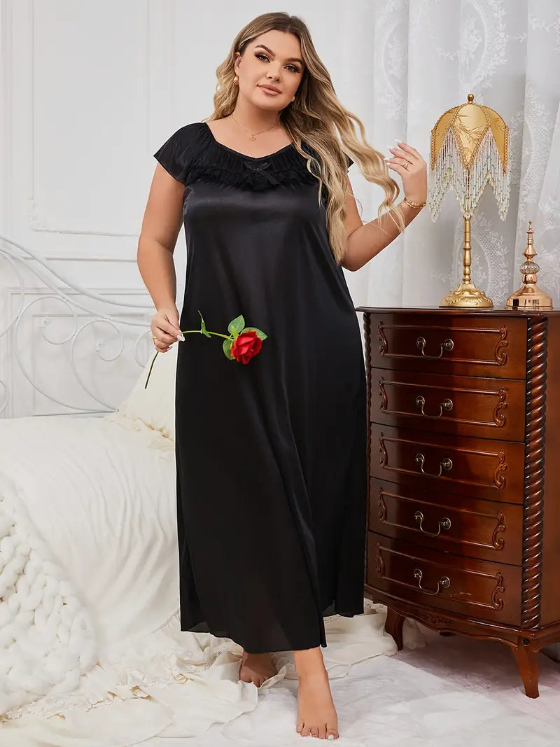 Plus Size Elegant Satin Bow Lace Nightdress with Ruffle Sleeves, Women's Sleep Dress